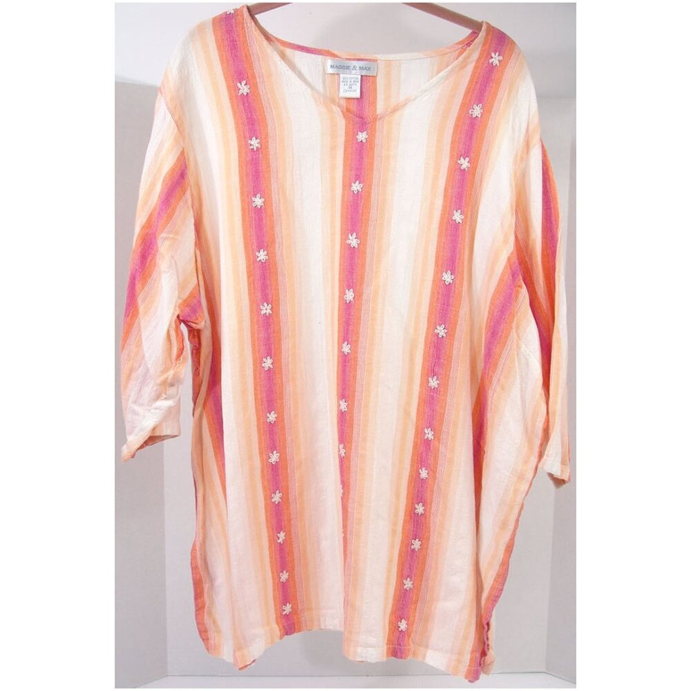 NWOT Embroidered Floral Maggie & Max 3X Slub Cotton Top Orange Sunset Striped